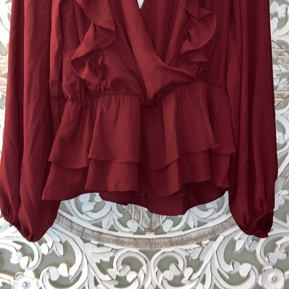 Express Burgundy Ruffle Blouse - Picture 4 of 10